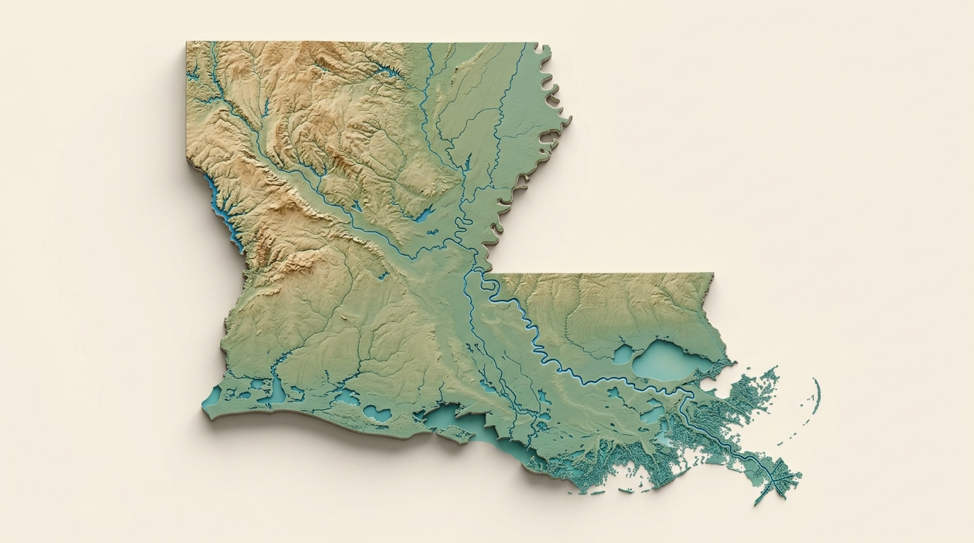 Three-dimensional relief map of Louisiana